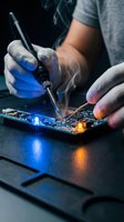 Electronics technician soldering circuit board with precision iron tool creating sparks and smoke in professional repair workshop environment.