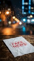 Fake news newspaper on wooden table with blurred city lights and raindrops on window creating bokeh effect for media misinformation and journalism concepts.
