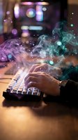 Hands typing on keyboard with colorful digital smoke effects and glowing particles for technology and innovation concepts in modern workspace environment.