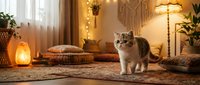 Adorable tabby kitten sitting in cozy bohemian living room with warm lighting, macrame wall art, cushions and plants creating peaceful home atmosphere.