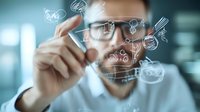 Young businessman in glasses drawing digital icons on virtual screen, planning strategy and analyzing data for innovative business solutions.