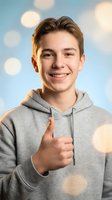 Happy teenage boy with braces giving thumbs up gesture wearing gray hoodie against blue bokeh background for youth lifestyle and success concepts.