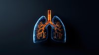 Glowing anatomical lungs with bronchial tree visualization in blue and orange neon colors against dark background, medical science concept for respiratory system.