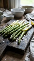 Fresh green asparagus spears with sea salt and lemon slices on rustic wooden cutting board in farmhouse kitchen setting for healthy cooking and meal preparation.