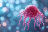 Pink jellyfish-like creature with tentacles floating against blurred turquoise bokeh background, creating dreamy underwater atmosphere for nature and marine designs.