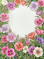 Watercolor floral frame with pink, purple, coral, and white flowers and green leaves, forming a round copy space for text or design.