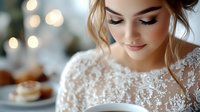 Young Caucasian bride in delicate lace wedding dress smiling gently, with soft bokeh lights and romantic atmosphere in background. Professional makeup and hairstyle.