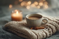 Cozy cup of hot chocolate with cinnamon on knitted scarf, candle and bokeh lights creating warm atmosphere for winter relaxation.