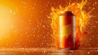 Aluminum can with fiery explosion effect against orange background, droplets splashing dramatically for energy drink or beverage advertising.