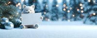 White polar bear ornament holding blank sign in snowy winter scene with blue Christmas decorations and bokeh lights creating magical holiday atmosphere.