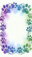 Watercolor paw print border frame in purple blue green gradient colors with white center space for text and pet-themed designs.