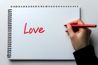 Female hand writing word Love in red marker on white spiral notebook against light background, minimalist composition for romance and relationship concepts.