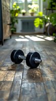 Black dumbbell on wooden floor with natural sunlight and green plants in background, home fitness concept for healthy lifestyle and workout routine.