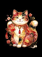Lucky fortune cat in red and gold Chinese New Year attire holding a red envelope, isolated on transparent background, for stickers, t-shirts, print on demand.