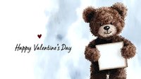 Cute brown teddy bear holding blank white card with Happy Valentine's Day text and red heart on soft blue watercolor background, romantic holiday greeting design.