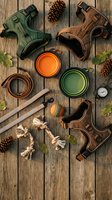 Dog harnesses, leashes, bowls and toys arranged on rustic wooden background with autumn leaves and pine cones for pet care and outdoor adventure concepts.