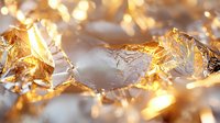 Crumpled gold foil with bright bokeh lights creating luxurious festive background. Shiny metallic texture with warm glowing highlights and reflective surface.