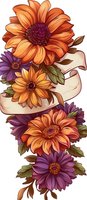 Orange and purple gerbera daisies with green leaves arranged around blank ribbon banner on white isolated background, ready for design use.
