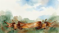 Watercolor illustration of a decorative brown ribbon banner with flowing ends against a soft landscape background with misty mountains and trees, suitable for invitations, greeting cards, and design projects.