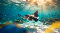 Majestic stingray gliding through crystal clear tropical waters with golden sunbeams filtering from surface above coral reef creating magical underwater scene.