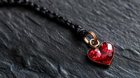 Red crystal heart pendant on black cord necklace against dark stone texture background. Romantic jewelry macro photography with selective focus and copy space.