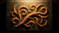 Golden spice powder arranged in decorative swirls and curves on dark slate surface creating ornate pattern for culinary arts and cooking concepts.