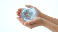 Hands holding glowing holographic Earth globe with digital network connections, representing global technology, environmental protection and future innovation.