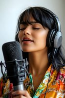 Young Asian woman with closed eyes wearing headphones and colorful floral shirt recording vocals in studio with professional microphone, expressing peaceful emotion.