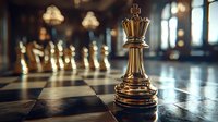 Golden queen chess piece standing on reflective chessboard with blurred pieces in background, dramatic lighting creates strategic atmosphere for business concepts.