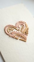 Delicate embroidered heart with intricate stitching in pink and gold threads on cream fabric background for romantic crafts and textile projects.
