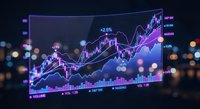 Holographic financial chart displaying stock market data with purple neon candlestick patterns and trading volume bars against blurred city lights background.