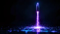 Glowing rocket launch silhouette with purple and blue neon light effects against dark background, particle effects create magical atmosphere for space exploration concept.