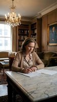 Professional mature Caucasian businesswoman writing documents at marble desk in elegant library office with chandelier and bookshelves for corporate use.