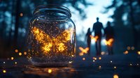 Glowing butterfly silhouette in glass jar at dusk with blurred figures walking in forest background, magical firefly lights creating dreamy atmosphere.