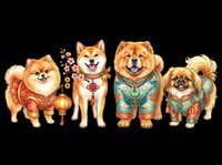 Four cute dogs in Chinese New Year outfits, isolated on transparent background. Pomeranian, Shiba Inu, Chow Chow, Pekingese in festive attire, ready for t-shirt, sticker, and clipart use.