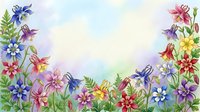 Watercolor floral border with colorful aquilegia columbine flowers and fern leaves on soft pastel background with copy space.