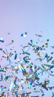 Holographic confetti pieces falling against purple blue gradient background for party celebration and festive event designs.