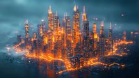Glowing futuristic cityscape with illuminated skyscrapers and neon lights reflecting on water surface against dramatic stormy sky, creating modern urban landscape.
