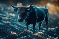 Bull figure standing on financial chart with glowing market graph lines, representing bullish stock market trends against dark background with bokeh effect.