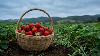 Fresh ripe strawberries in wicker basket at organic farm field with mountain landscape background for healthy eating and agriculture concepts.