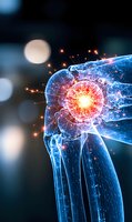 Glowing blue anatomical knee joint with red energy core showing inflammation or pain point against dark background with bokeh lights. Medical visualization.