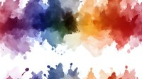 Vibrant watercolor rainbow splashes and splatters on white background create dynamic abstract pattern with soft blending between colors, suitable for creative designs.