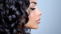 Side profile of young woman with glossy dark curly hair and flawless skin against gray background, eyes closed in serene expression, showcasing natural beauty and haircare.