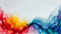 Abstract watercolor paint splash with vibrant red orange yellow flowing into cool blue teal colors creating dynamic fluid motion on white background.