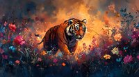 Majestic Bengal tiger walking through vibrant wildflower meadow at sunset, dramatic orange sky and colorful flowers create mystical atmosphere for nature and wildlife designs.
