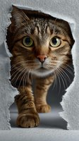 Curious tabby cat peeking through torn paper hole with wide green eyes and alert expression, perfect for pet care advertising.