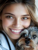 Young Caucasian woman with natural makeup and white smile holding Yorkshire terrier puppy. Close up portrait showing genuine happiness and connection between pet owner and dog.