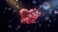 Shattered crystal heart breaking apart with glowing pink fragments floating in dark space with bokeh lights and bubbles for romantic concepts.