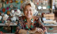 Senior woman with silver hair wearing turquoise jewelry and patterned blouse smiles warmly in artisan shop surrounded by Native American style crafts and accessories.