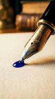 Ornate fountain pen with gold-plated nib writing blue ink on cream paper, vintage writing instrument for calligraphy, correspondence, and formal documents.